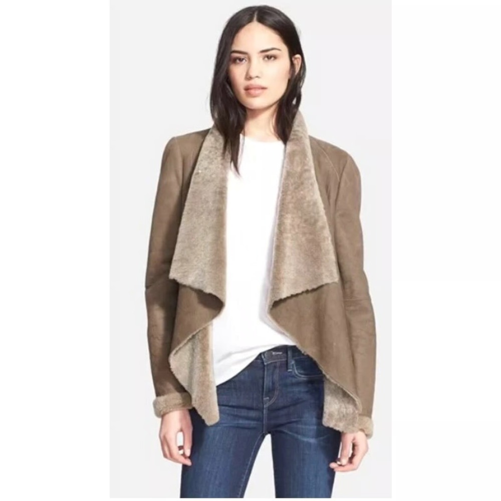 Vince Taupe Spanish Merino Shearling‎ Draped Suede Leather Jacket Size Large